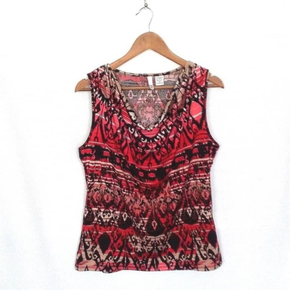 Vintage Sami Jo Red & Black Tribal Print Scoop Neck Plus Size Top Y2K Sz 1X